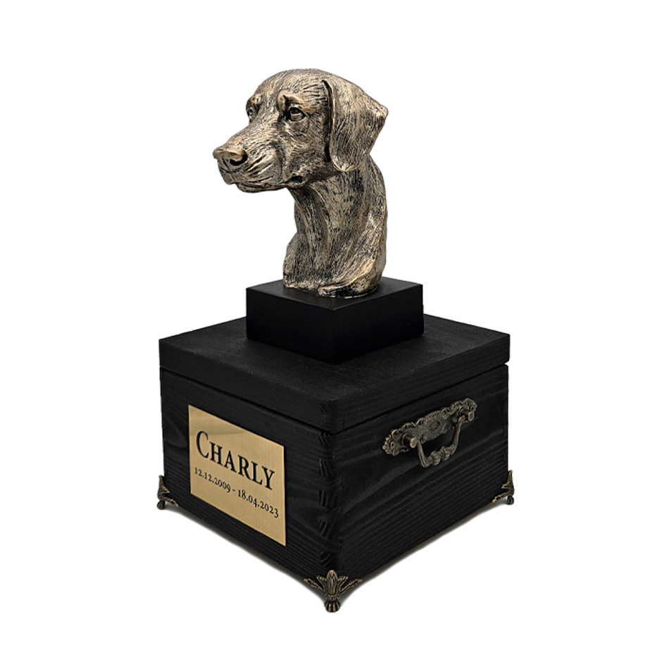 Hund Holz Urne Dobermann mit Statue und Gravur 14